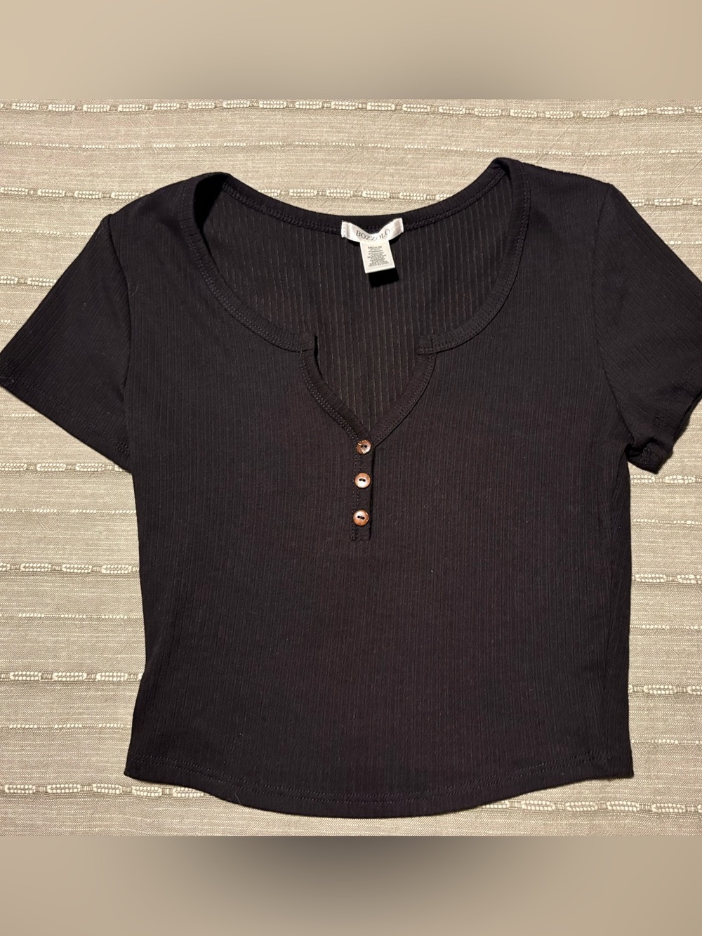 Black Ribbed Short Sleeve Henley Top - Women Size Medium